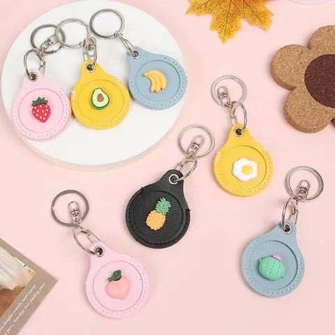 Cartoon Fruit PU Leather Access Control Card Holder AirTag Protective Case Mini Cute Key Chain Ring Wallet Bag Pendant