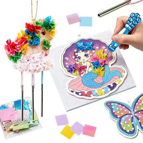 Kids DIY Poke Art Wind Chime Craft Kit Unicorn Mermaid Educational Handmade Hanging Ornament Art Supplies Gift