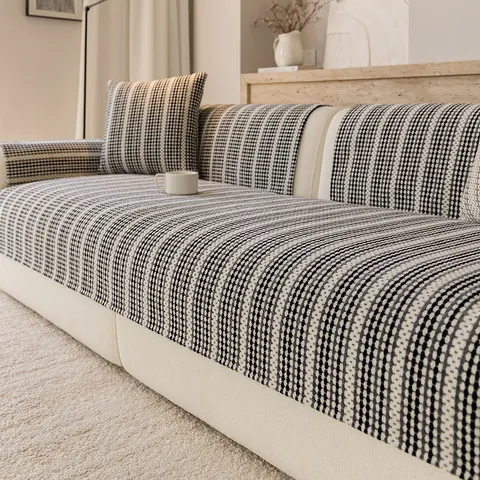 Housse de Canapé en Chenille Rayée de Style Japonais Coussin de Canapé Minimaliste Universel Antidérapant pour Salon