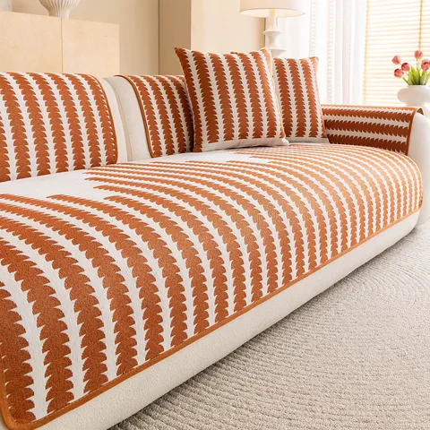 Universal Chenille Striped Leaf Pattern Sofa Cover Non-Slip Bordered Furniture Protector Cushion For Living Room Bedroom