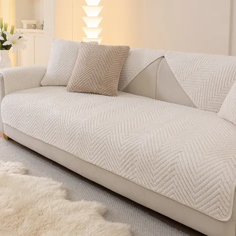 Minimalist Solid Color Sherpa Plush Sofa Cover Non-Slip Quilted Couch Cushion Protector One-Piece Sectional Sofa Towel For Living Room Bedroom
