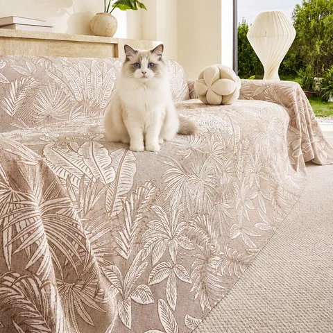 Ins Style Three Layer Gauze Sofa Cover Palm Leaf Jacquard Throw Blanket Anti Scratch Washable Furniture Protector For Living Room
