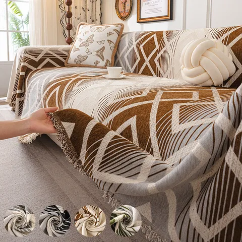 Chenille Sofa Cover Anti-Slip Sofa Towel Geometric Rhombus Pattern With Tassels Furniture Protector For Living Room Bedroom