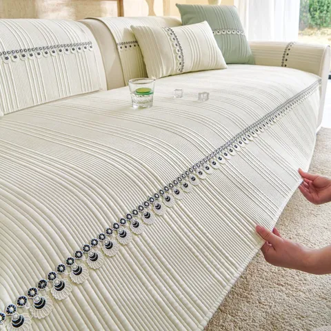 Creamy Style Cooling Ice Silk Sofa Cushion Cover Anti-Slip Striped Decorative Furniture Protector Washable Sofa Slipcover For Living Room