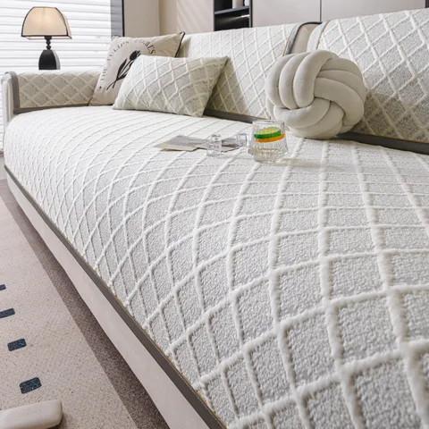 Summer Cooling Ice Silk Sofa Cushion Knitted Diamond Grid Non-Slip Sofa Cover Breathable One-Piece Washable Couch Pad Protective Mat