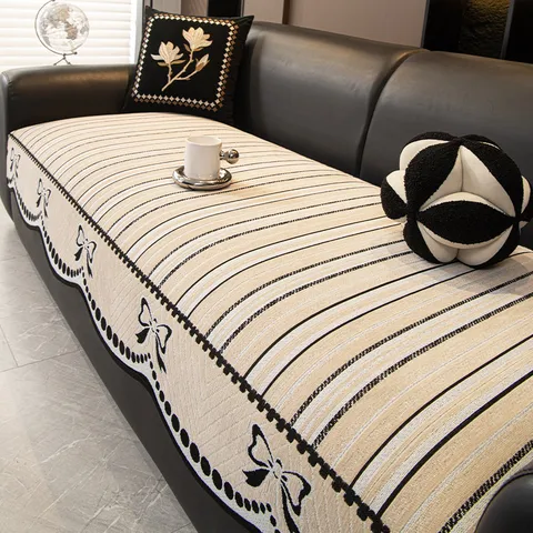 Chenille Striped Bow Sofa Cushion Simple Modern Jacquard Anti-Slip Sectional Sofa Cover Four Seasons Universal Furniture Protector