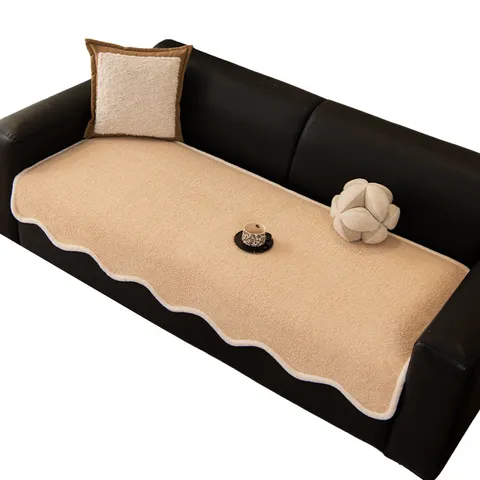 Modern Plush Thickened Sofa Cushion Scalloped Edge Solid Color Non-Slip Sectional Sofa Cover Towel For Living Room Home Decor