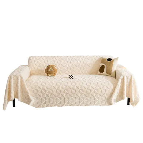 Housse de Canapé en Velours de Lait Épaissie Texture Grille Bord à Franges Couleur Unie Universelle Quatre Saisons Protection de Maison