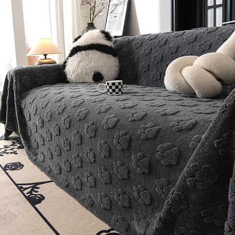 Modern Minimalist Polyester Sofa Cover Blanket Embossed Paw Print Striped Furniture Protector Warm Plush Slipcover For Sectional Sofa Living Room Home Decor