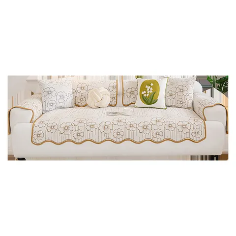Minimalist Chenille Non-Slip Sofa Cover Jacquard Floral Sofa Cushion Scalloped Edge Furniture Protector Universal Sofa Mat