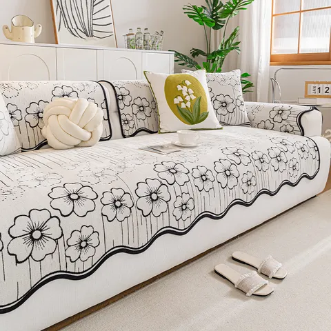 Minimalist Chenille Non-Slip Sofa Cover Jacquard Floral Sofa Cushion Scalloped Edge Furniture Protector Universal Sofa Mat