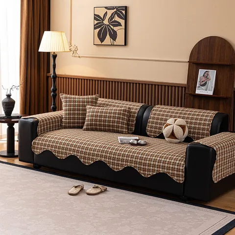 Vintage Checkered Sofa Cover Yarn Dyed Checkerboard Twill Cotton Sofa Cushion Wear Resistant Anti Scratch Sofa Slipcover Protector