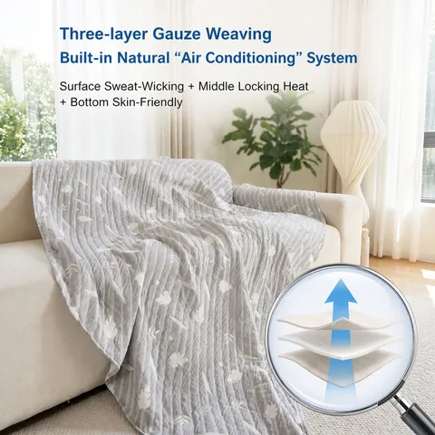 Nordic 3-Layer Gauze Throw Blanket Breathable Soft Air Sofa Cover For Living Room Bedroom Grey Leaf Pattern Multi-Purpose Summer Cooling Blanket
