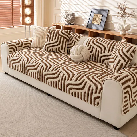 Retro Jacquard Sherpa Fleece Sofa Cushion Soft Plush Anti-Slip Winter Sofa Cover Machine Washable Warm Couch Protector Home Decor