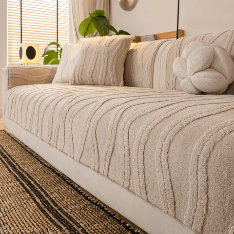 Modern Minimalist Polyester Sofa Cushion Anti Slip Protective Warm Non Slip Striped Rippled One Piece Cover Throw For Living Room Home Furniture Accent Decor