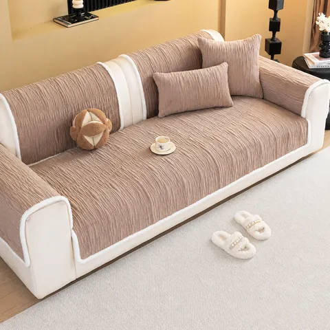 Crystal Velvet Sofa Cushion Modern Striped Jacquard Furniture Protector Anti-Slip Thick Warm Sofa Cover For Living Room Universal Decor