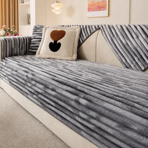 Weiches Flanell Sofakissen Verdickter Plüsch Sofaüberwurf Rutschfest Gestreift Winter Warm Sofahandtuch Schützende Sofamatte Für Zuhause Wohnzimmer Dekor