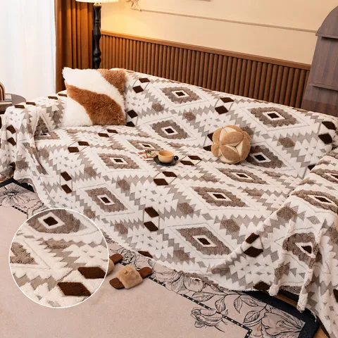 Bohemian Diamond Geometric Sofa Cover Soft Velvet Jacquard One-Piece Universal Couch Protector Throw Blanket For Living Room