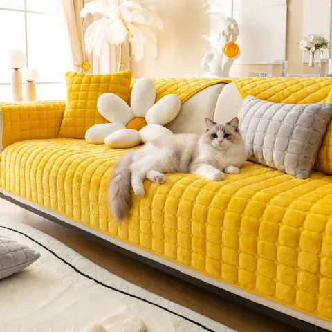 Plaid Quilted Flannel Sofa Cover Thick Warm Fleece Sofa Cushion One-Piece Slipcover For Living Room Universal Non-Slip Furniture Protector