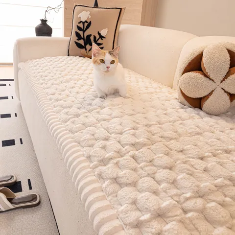 European Minimalist Velvet Fleece Quilted Sofa Cushion Cover Anti Slip Scratch Resistant Embossed Furniture Protector Mat