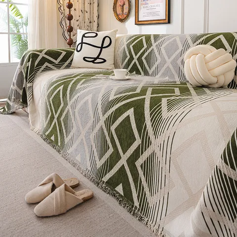 Chenille Sofa Cover Anti-Slip Sofa Towel Geometric Rhombus Pattern With Tassels Furniture Protector For Living Room Bedroom