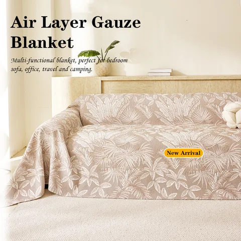 Modern Three Layer Gauze Sofa Cover Double Sided Jacquard Tropical Leaf Pattern Sectional Couch Throw Blanket Home Decor