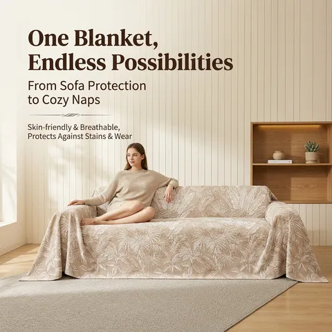 Modern Three Layer Gauze Sofa Cover Double Sided Jacquard Tropical Leaf Pattern Sectional Couch Throw Blanket Home Decor