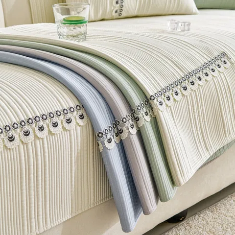 Creamy Style Cooling Ice Silk Sofa Cushion Cover Anti-Slip Striped Decorative Furniture Protector Washable Sofa Slipcover For Living Room