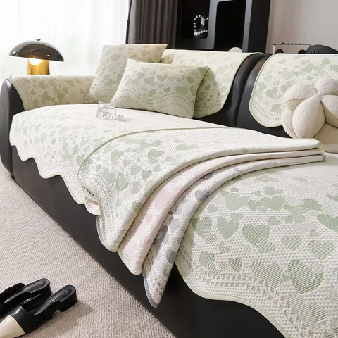 Summer Cooling Ice Silk Sofa Pad Non-Slip Minimalist Heart Pattern Breathable Furniture Protector For Living Room Bedroom Home Decor