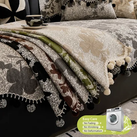 European Retro Chenille Irregular Shaped Sofa Cover Luxurious Botanical Floral Print Anti Slip Throw Towel Blanket Cushion With Tassel Ball Trim For Home Living Room Decor