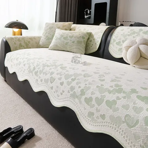 Summer Cooling Ice Silk Sofa Pad Non-Slip Minimalist Heart Pattern Breathable Furniture Protector For Living Room Bedroom Home Decor