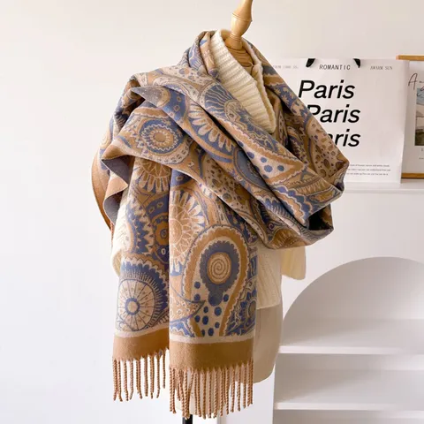 Damen Winter Warmer Schal Klassisch Paisley Jacquard Kernspinnfaden Tuch Quasten Weich Verdickt Langer Halskrause Lässig Wrap
