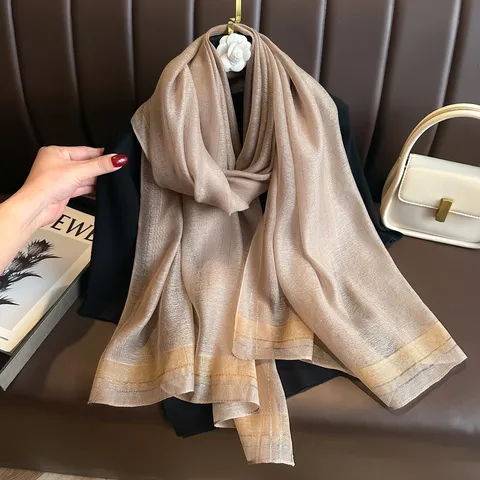 Damen Imitation Seide Schal Langer Metallischer Gestreifter Schal Herbst Winter Mode Eleganter Einfarbiger Hidschab Halstuch Für Täglich