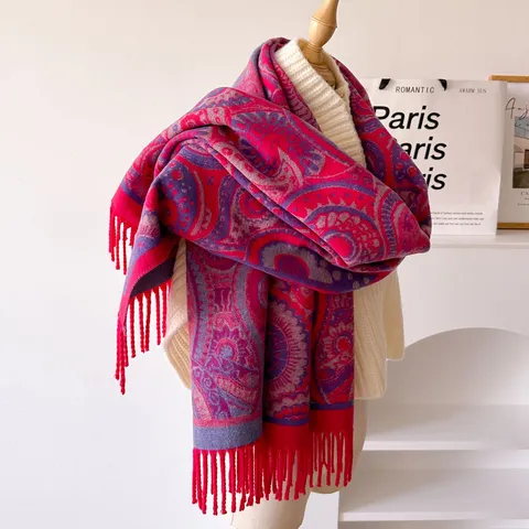Damen Winter Warmer Schal Klassisch Paisley Jacquard Kernspinnfaden Tuch Quasten Weich Verdickt Langer Halskrause Lässig Wrap
