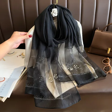 Damen Mode Sonnenschutz Langer Schal Immitation Seide Organza Tuch Mit Perle Und Strass Strandtuch
