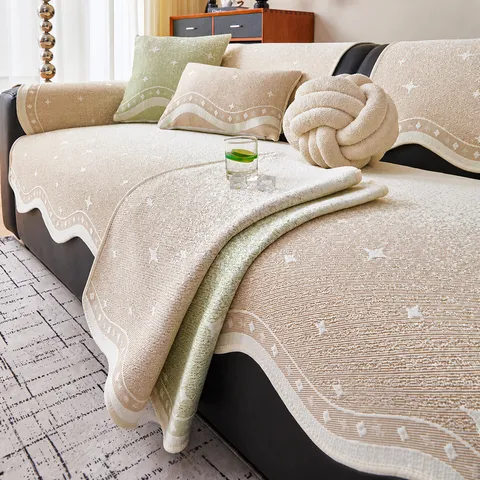 Cooling Silk Summer Sofa Mat Anti-Slip Starry Sky Pattern Scalloped Edge Slipcover Fresh Style Cooling Furniture Protector For Sectional Sofa Living Room Home