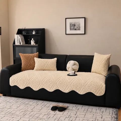 Cojín de Sofá de Lana Sherpa Antideslizante Espesado Invierno Cálido Funda de Sofá de Ondas Irregulares Estilo Crema Protector de Sofá Lavable para Sala de Estar