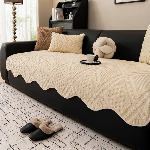 Cojín de Sofá de Lana Sherpa Antideslizante Espesado Invierno Cálido Funda de Sofá de Ondas Irregulares Estilo Crema Protector de Sofá Lavable para Sala de Estar