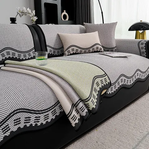 Summer Cooling Ice Silk Sofa Cushion Modern Striped Wavy Edge Sectional Sofa Cover Anti Slip Breathable Living Room Couch Mat Home Textiles