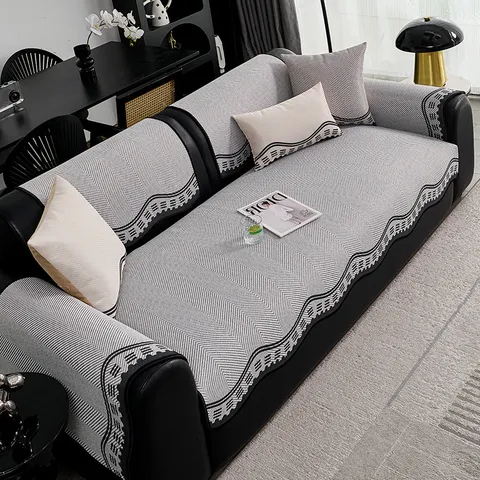Summer Cooling Ice Silk Sofa Cushion Modern Striped Wavy Edge Sectional Sofa Cover Anti Slip Breathable Living Room Couch Mat Home Textiles