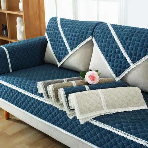Minimalist Faux Linen Quilted Sofa Cushion Non-slip Sofa Cover With Lace Border Decorative Living Room Home Furniture Protector