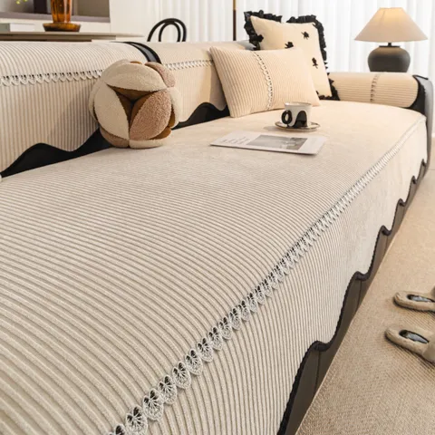 Chenille Striped Sofa Cushion Universal Anti-Slip Sofa Cover With Lace Wavy Edge One-Piece Sectional Slipcover For Living Room Home Decor