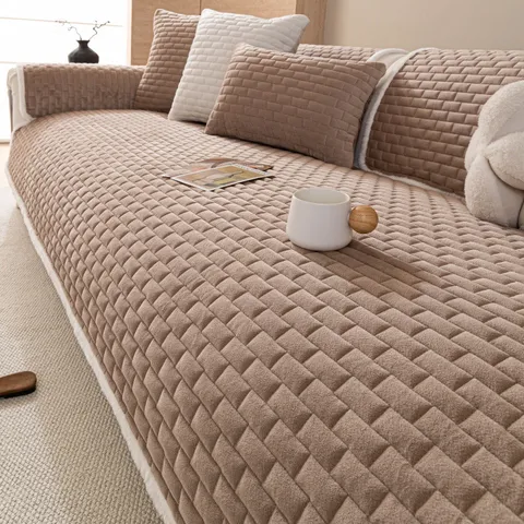 Warm Dik Kristal Fluweel Bankhoes Antislip Ruitjes Gewatteerde Bankkussen Anti-Kras Meubels Beschermer Eendelige Bankhoes Huis Decoratie