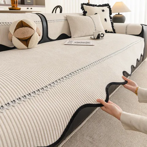 Chenille Striped Sofa Cushion Universal Anti-Slip Sofa Cover With Lace Wavy Edge One-Piece Sectional Slipcover For Living Room Home Decor