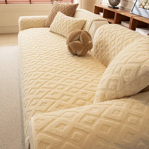 Europäisch Einfache Verdickte Plüsch Sofaüberzug Weiches Fleece Rutschfestes Sofa Kissen Mit Rautenprägung Für Wohnzimmer