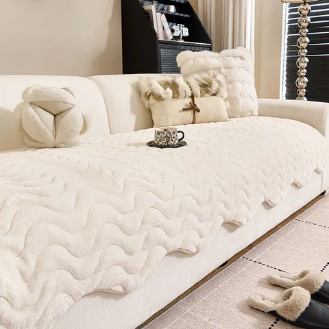 Modern European Plush Sofa Cushion Solid Color Non-Slip Wear-Resistant Wave Scalloped Edge Flocked Home Living Room Decorative Couch Mat Cover