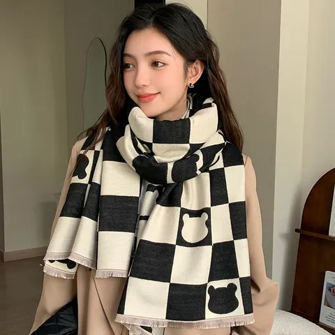 Winter Warmer Imitat Kaschmir Schal Damen Süßes Hunde Bären Muster Verdickter Schal Kariert Mode Halstuch