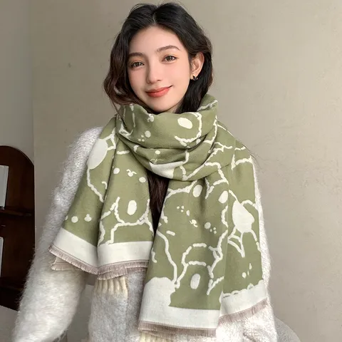 Winter Warmer Imitat Kaschmir Schal Damen Süßes Hunde Bären Muster Verdickter Schal Kariert Mode Halstuch
