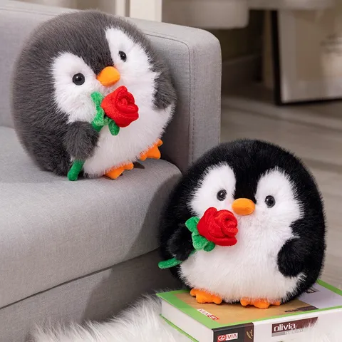 Mignon Manchot Peluche Animal en Peluche Poupée Avec Fleur de Rose Doux Coton PP Cadeau Kawaii Pour Enfants et Filles