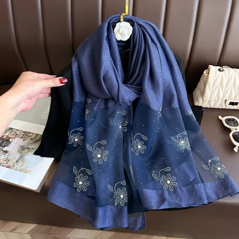 Women Fashion Floral Rhinestone Scarf Polyester Lightweight Sheer Shawl Elegant Evening Party Dress Qipao Accessories